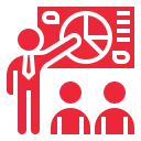 Icon of a man explaining a pie chart presentation to two people