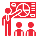 Icon of a man explaining a pie chart presentation to two people